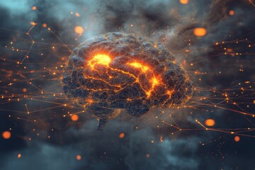 Poster - Visual representation of a glowing brain amidst a swirling background of energy