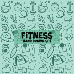 hand drawn vector illustration of a set of icons, Doodle Health And Fitness Icons, Hand drawn set of fitness doodles, pattern and seamless healthy food