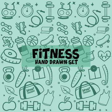 hand drawn vector illustration of a set of icons, Doodle Health And Fitness Icons, Hand drawn set of fitness doodles, pattern and seamless healthy food