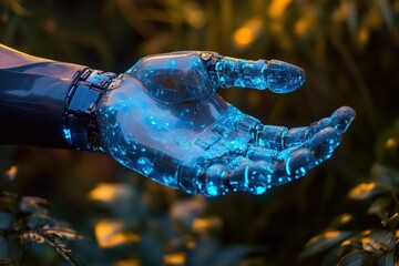 Poster - Futuristic robotic hand glowing with blue light in a natural setting