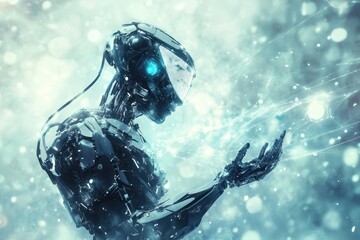 Poster - Robot figure interacts with digital particles in a futuristic environment