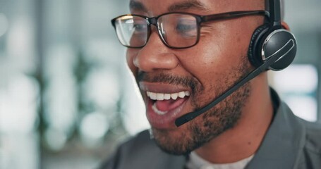 Leinwandbilder - Call center, black man and talking with customer service, smile and headset in office. Telemarketing, male consultant and client support for sales growth, consulting and conversation for business