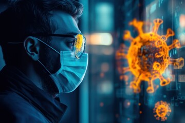 Poster - Scientist monitoring virus data through digital screens in a laboratory setting