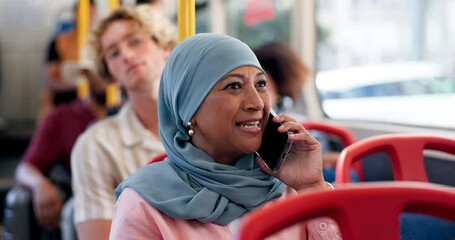 Poster - phone call, bus and muslim woman talk for travel, journey and morning commute. islam, public transpo