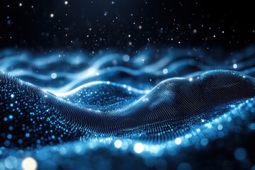 Fototapete - Digital waves created by flowing light particles under a starry night sky in a virtual landscape