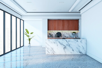 Poster - Modern marble kitchen interior with large windows and potted plant in bright minimalist room, city view in background, clean architecture style. 3D Rendering