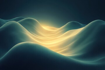 Poster - Ethereal landscape with soft glowing hills illuminated by gentle light at sunrise