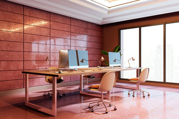 Poster - Modern office interior with pink tiled walls, large windows, and minimalist furniture setup in a clean and contemporary business building space. 3D Rendering