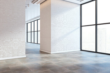 Poster - Empty white brick wall in modern office hallway with natural light, perfect for signage mockup, branding display, or poster presentation. 3D Rendering