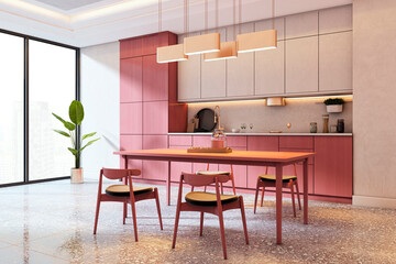 Poster - Contemporary luxury kitchen interior with pink cabinets, beige walls, large windows, and city view in modern apartment dining room. 3D Rendering