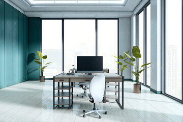 Poster - Modern executive office interior with desk, chair, and panoramic city view through large windows in a contemporary high-rise building. 3D Rendering