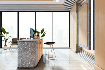 Poster - Modern reception area with terrazzo desk and large city view windows in a minimalist office lobby interior design concept workspace environment. 3D Rendering