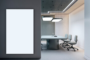 Aufkleber - Vertical blank canvas mockup on dark wall in luxurious modern office boardroom with designer chairs and lighting for corporate presentations. 3D Rendering