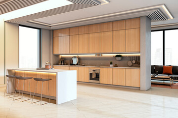 Aufkleber - Modern wooden kitchen interior with built-in cabinets, island counter, and cozy seating area in a stylish home environment. 3D Rendering