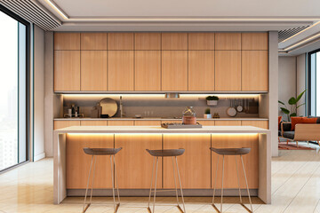 Poster - Modern wooden kitchen interior with stylish lighting and island counter in bright cozy apartment overlooking city view through large windows. 3D Rendering