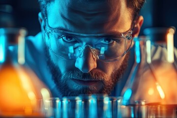 Poster - Scientist conducting experiments with colorful liquids in a laboratory setting at night