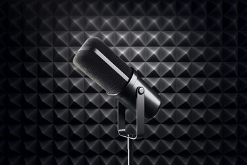 Poster - Modern black microphone on stand angled left, isolated onblack background with soft light glow, technology concept scene. 3D Rendering