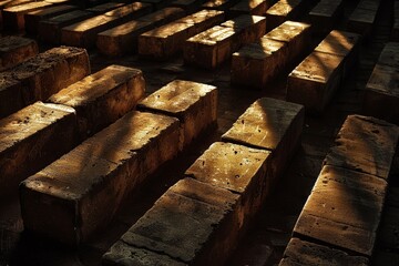 Poster - rows of bricks are illuminated by sunlight casting long shadows on the surface, sunlight casting sha