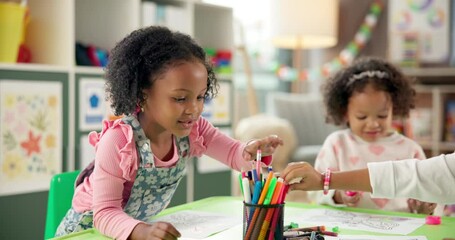 Aufkleber - Children, school and students drawing for art, learning and development in kindergarten classroom. Girl kids, writing and together for growth, education and creative group with colors at academy