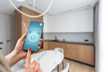 Poster - Mobile phone with app smarthome intelligent house automation remote control technology concept