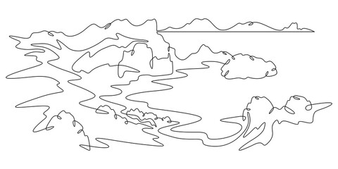 Poster - continuous one line drawing church in the mountains. temple against the backdrop of mountains. rocks
