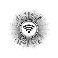 Poster - Connectivity Burst: WiFi Symbol surrounded by Cables in a Black and White Hand-Drawn Style Illustration