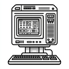 Aufkleber - Vintage Computer System: Monochrome Line Art Illustration with Keyboard and Icons on Screen