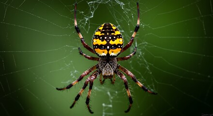 A spider is sitting in the center of a web. The spider is orange and black. The web is green and brown
