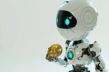 Poster - white robot holds a golden bitcoin, symbolizing the future of finance and cryptocurrency technology