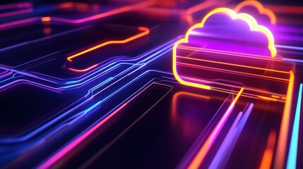 Aufkleber - Abstract representation of digital cloud technology with vibrant neon lines and circuits