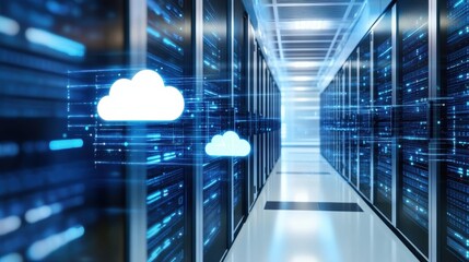 Poster - Data center corridor with server racks and cloud graphics, showcasing technology integration