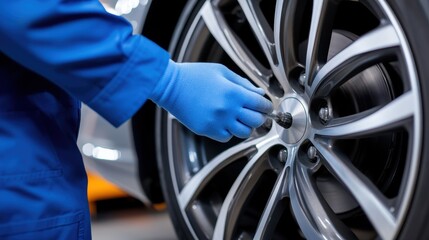 Poster - Mechanic in blue gloves tightening a wheel nut on a silver car in a garage setting