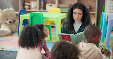 Aufkleber - Woman, teacher and reading book with kids in nursery for story time, education or learning. Female person, educator or instructor with elementary children or novel for listening activity in class