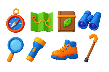 3d icon set of outdoor learning tools: compass, map, field journal, binoculars, magnifying glass, fl