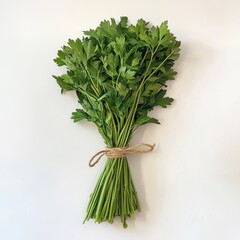 Poster - Fresh parsley bunch tied with twine lying flat on white surface- culinary herb, ingredient for cooking, natural food, aromatic spice