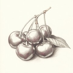 Aufkleber - Ripe cherries in a bunch, with stems and a leaf, presented in a highly detailed, shaded sketch style on a light background