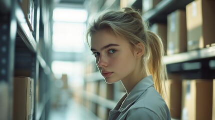Poster - Young blonde woman looks over shoulder in warehouse aisle with stacked boxes and blurred background