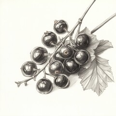 Poster - Meticulous Graphite Rendering: Cluster of Blackcurrants with Tiny Stems, Leafy Detail, and Delicate Shading for Natural History Illustration