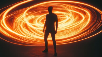 Poster - Silhouette of a Man Bathed in Ethereal Orange Energy Light Swirls