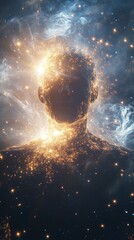 Poster - Glowing humanoid figure amidst celestial nebula and stardust, representing cosmic energy, consciousness, and the universe within
