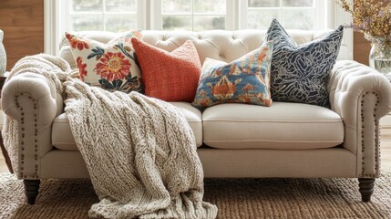Poster - Inviting living room scene featuring a neutral-toned sofa adorned with vibrant decorative pillows and a cozy knit throw, bathed in
