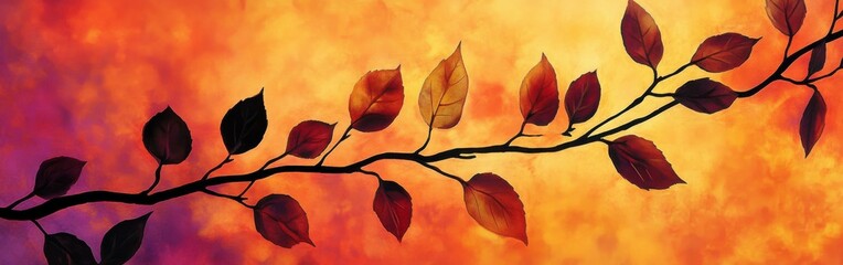 Poster - Autumn Leaves Silhouette Against a Fiery Sky Painting - Dramatic Natural Art for Backgrounds and Design Elements