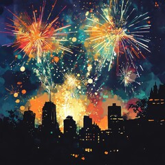 Poster - Vibrant Fireworks Exploding Above a Silhouette of a Cityscape at Night, Artistic Celebration