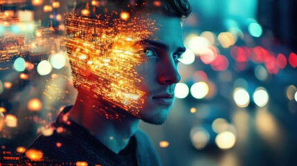 Poster - Man's face illuminated with city lights, overlay effect creating a glowing appearance against bokeh background