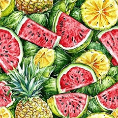 Aufkleber - Watercolor Fruit Medley: Vibrant Slices of Watermelon, Pineapple, and Lemon in a Colorful Pattern