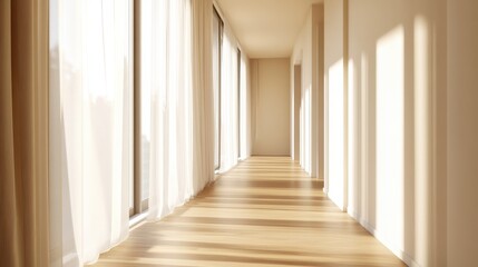 Poster - Serene interior hallway bathed in soft light with tall windows and flowing curtains creating a bright, spacious atmosphere