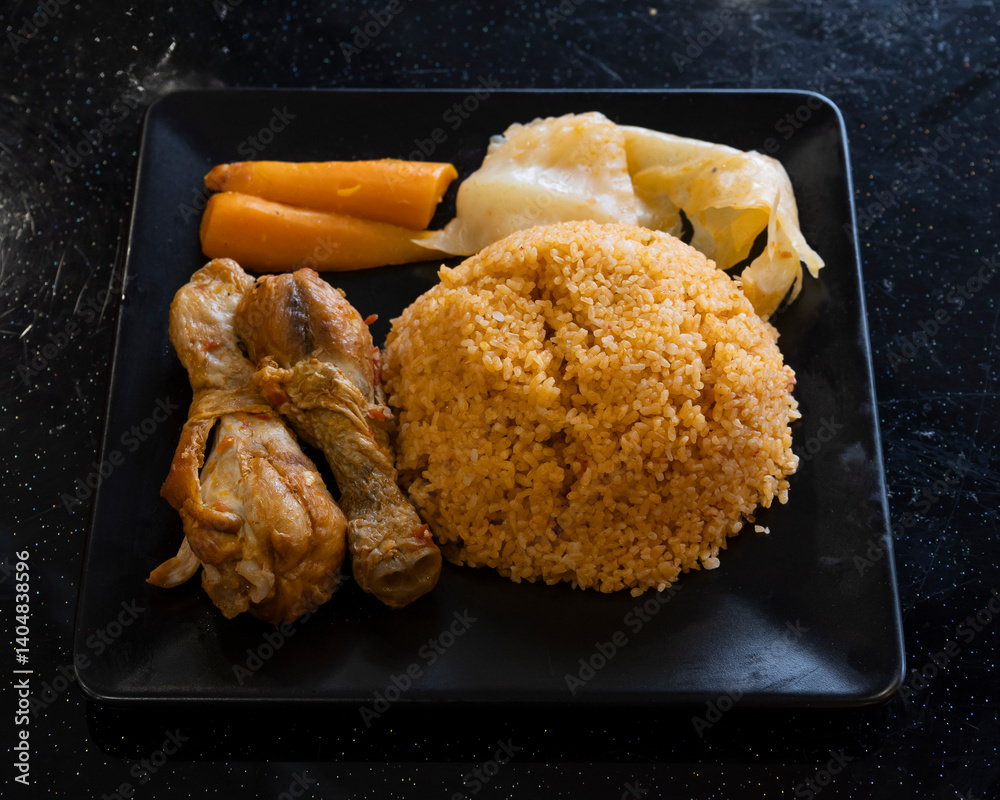 Senegalese tiebou yapp with red spiced rice, chicken, cabbage and ...