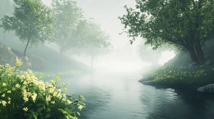 Poster - Tranquil riverside landscape with mist-shrouded trees, gentle flowing water, and vibrant yellow wildflowers