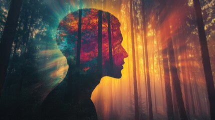 Poster - Mystical depiction of a man's profile filled with a vibrant, colorful forest landscape, symbolizing inner thoughts and the power of nature