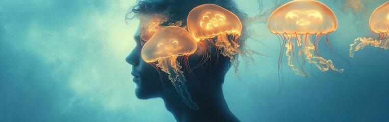 Aufkleber - Dreamlike Profile: Man's Silhouette with Glowing Jellyfish, Mystical Underwater Scene, Soft Blue Light, Thought and Imagination
